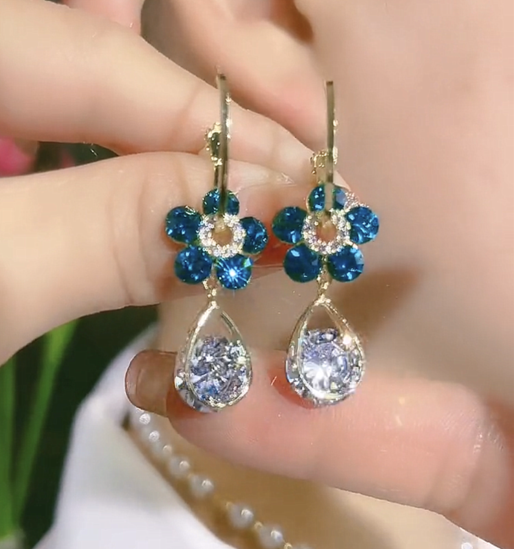 Magnetic Ear Clips & Blue Crystal Flower Earrings