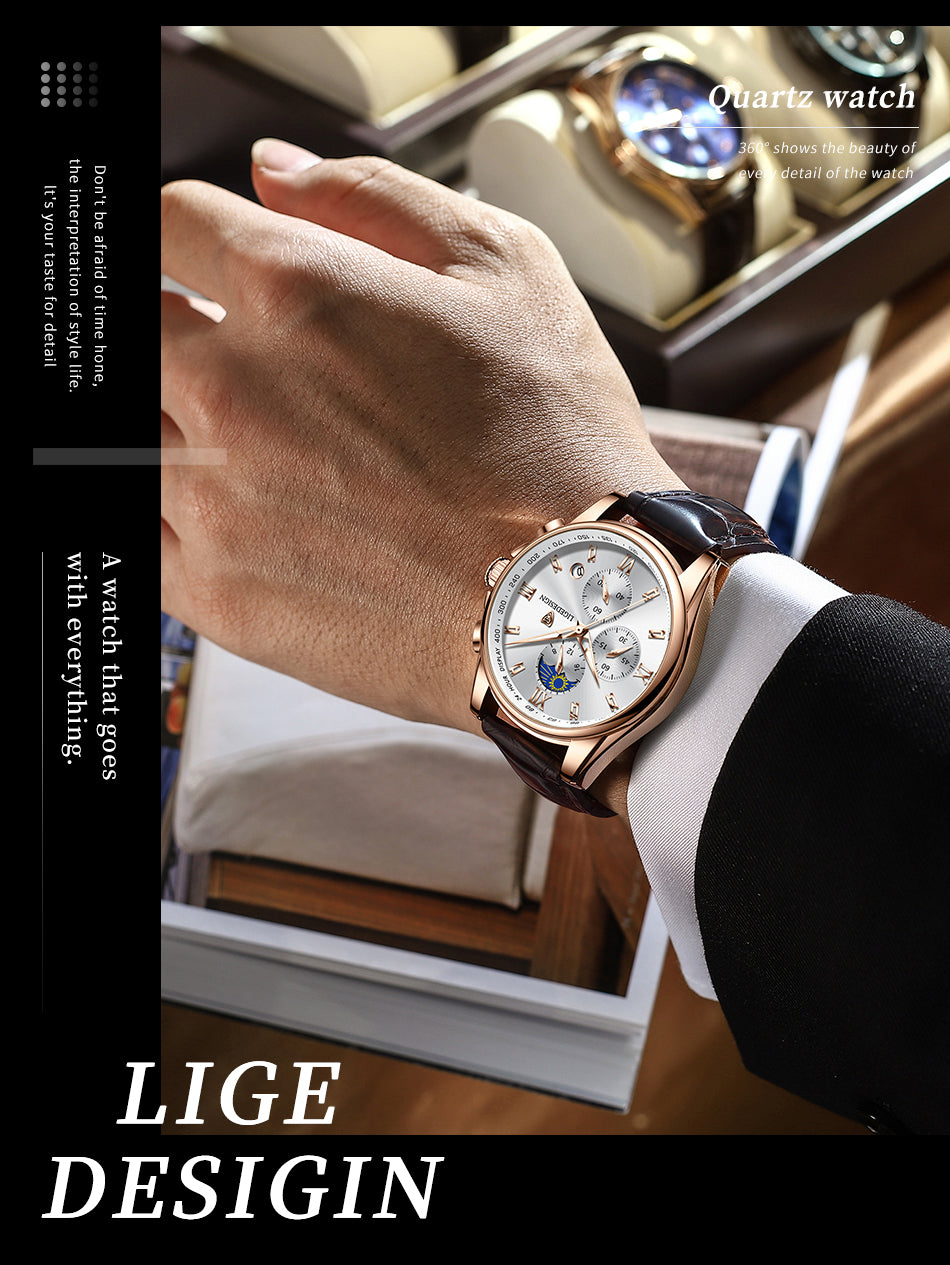 LIGE Top Brand Men Watches Leather Waterproof