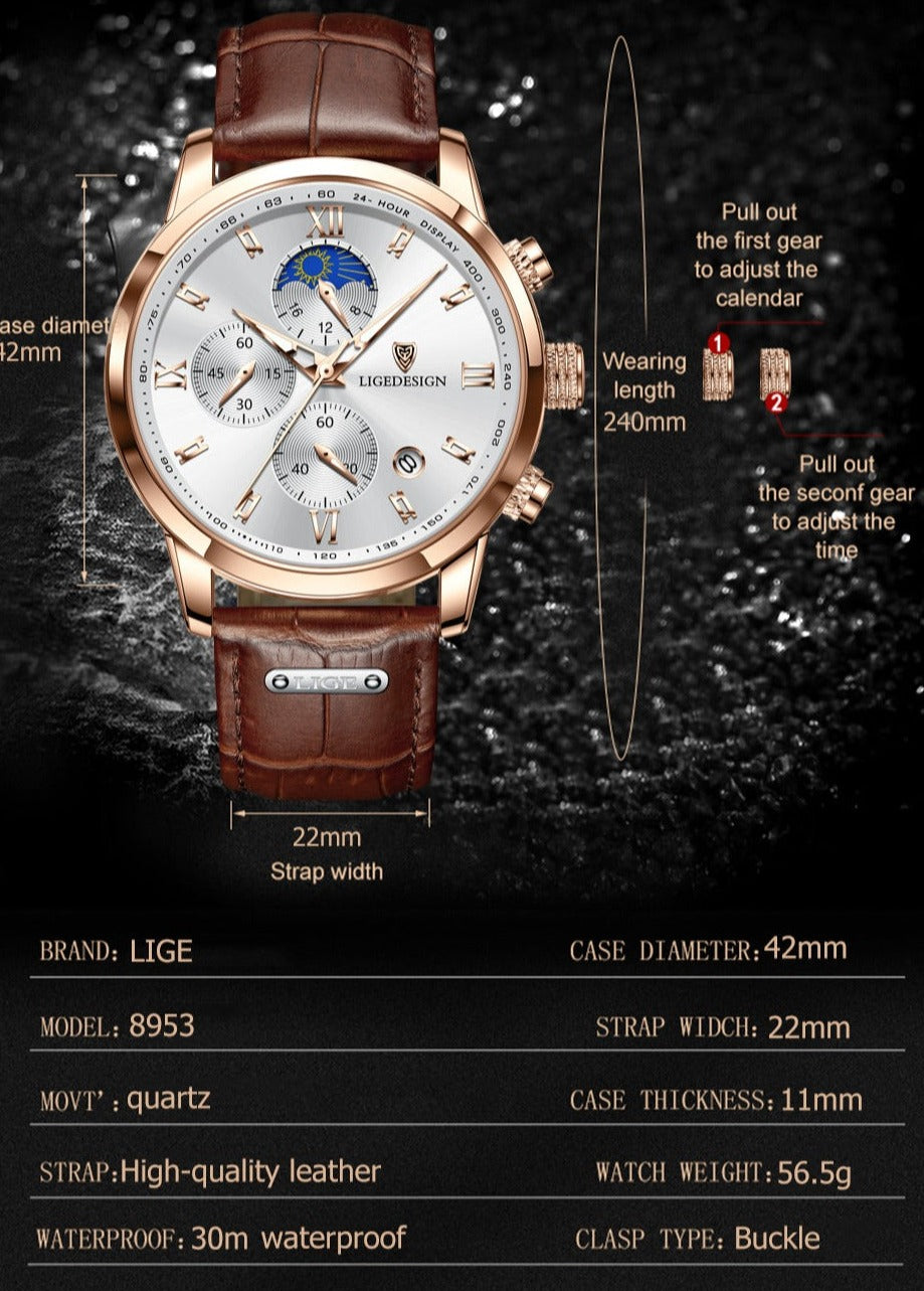 LIGE Top Brand Men Watches Leather Waterproof