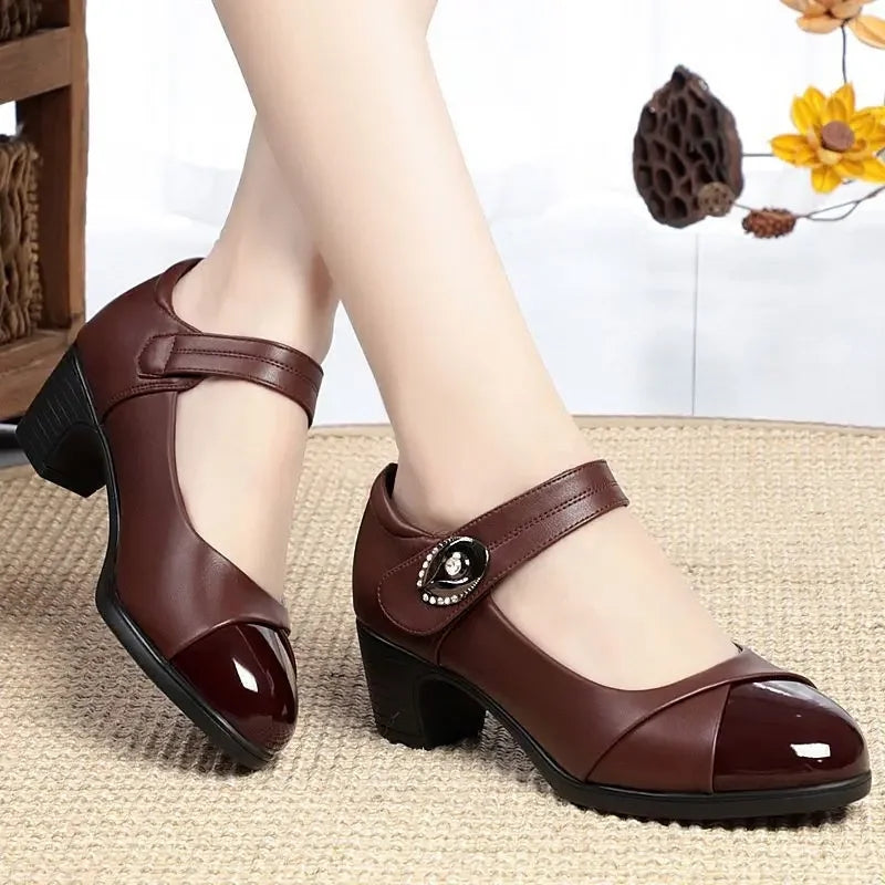 Crystal Button Med Heels Soft Bottom Moccasins Shoes